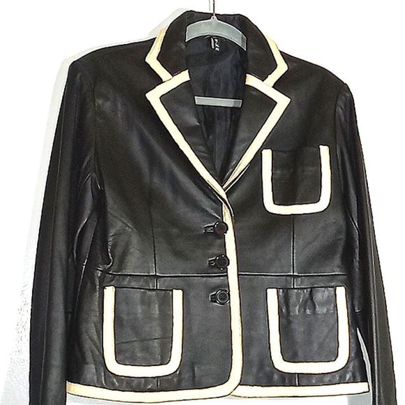 D2K BLACK AD BEIGE LEATHER JACKET WITH TWO OUTSIDE FRONT POCKETS - Picture 2 of 4